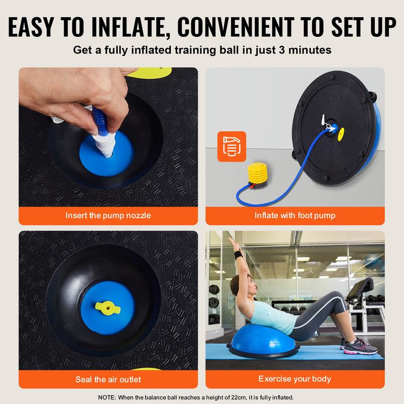 VEVOR Half Exercise Ball Trainer, 23 Inch Balance Ball Trainer, 660Lbs Capacity Stability Ball, Yoga Ball with Resistance Bands & Foot Pump, Strength Fitness Ball for Home Gym, Full Body Workout, Blue