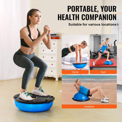 VEVOR Half Exercise Ball Trainer, 23 Inch Balance Ball Trainer, 660Lbs Capacity Stability Ball, Yoga Ball with Resistance Bands & Foot Pump, Strength Fitness Ball for Home Gym, Full Body Workout, Blue