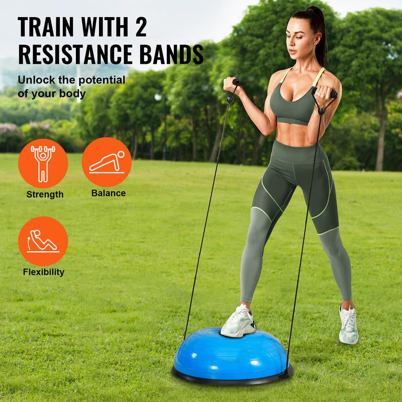 VEVOR Half Exercise Ball Trainer, 23 Inch Balance Ball Trainer, 660Lbs Capacity Stability Ball, Yoga Ball with Resistance Bands & Foot Pump, Strength Fitness Ball for Home Gym, Full Body Workout, Blue