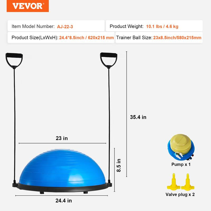 VEVOR Half Exercise Ball Trainer, 23 Inch Balance Ball Trainer, 660Lbs Capacity Stability Ball, Yoga Ball with Resistance Bands & Foot Pump, Strength Fitness Ball for Home Gym, Full Body Workout, Blue