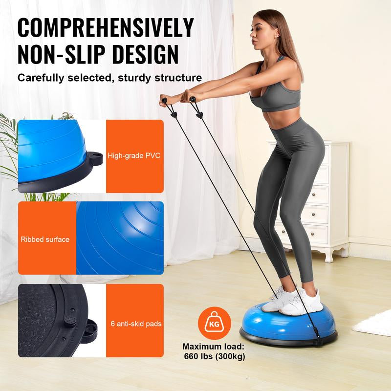 VEVOR Half Exercise Ball Trainer, 23 Inch Balance Ball Trainer, 660Lbs Capacity Stability Ball, Yoga Ball with Resistance Bands & Foot Pump, Strength Fitness Ball for Home Gym, Full Body Workout, Blue