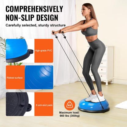 VEVOR Half Exercise Ball Trainer, 23 Inch Balance Ball Trainer, 660Lbs Capacity Stability Ball, Yoga Ball with Resistance Bands & Foot Pump, Strength Fitness Ball for Home Gym, Full Body Workout, Blue